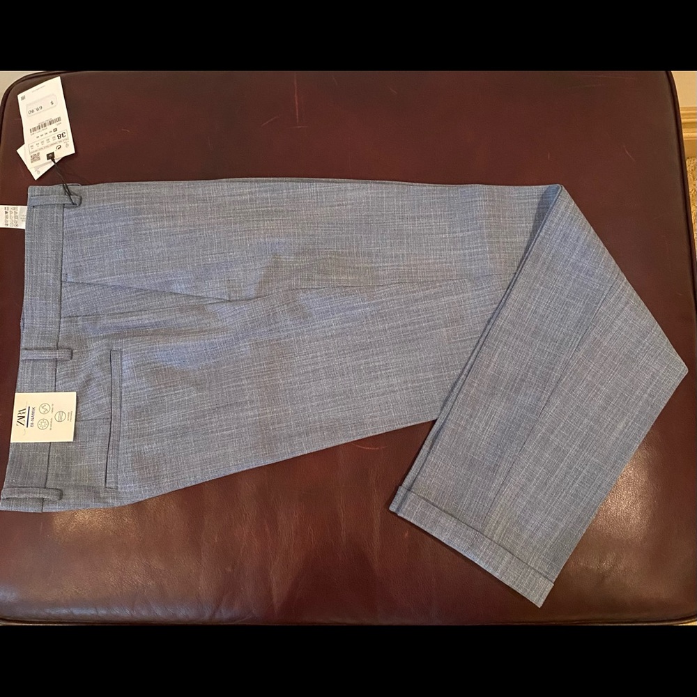 NWT Zara Men Stretchy Structured Slim fit Suit Pants in Sky Blue Size 30
